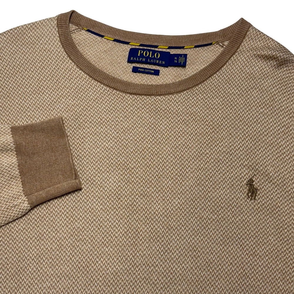 Polo Ralph Lauren Sweater Mens XL Tan Pima Cotton Crewneck Micro-Pattern Pony
